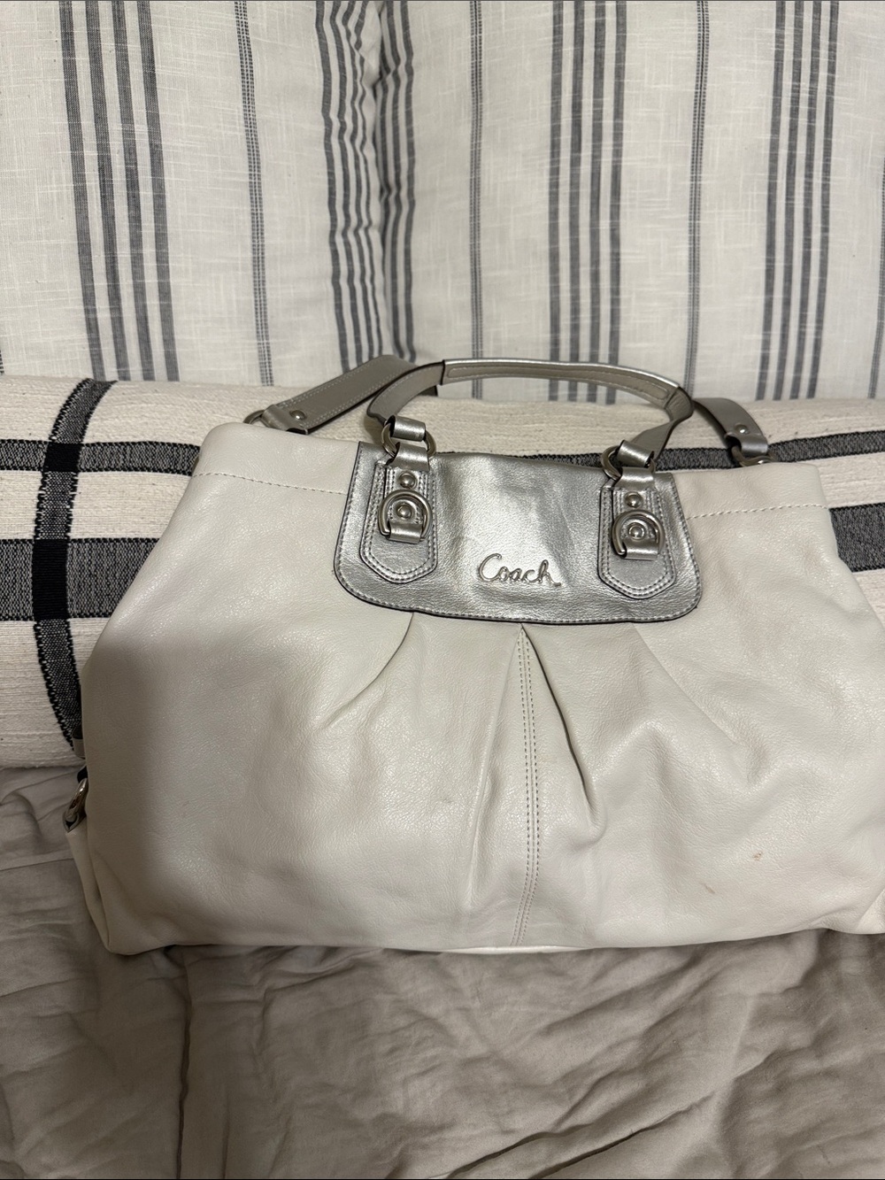 Coach Cream Leather Shoulder Bag with Silver Accent
